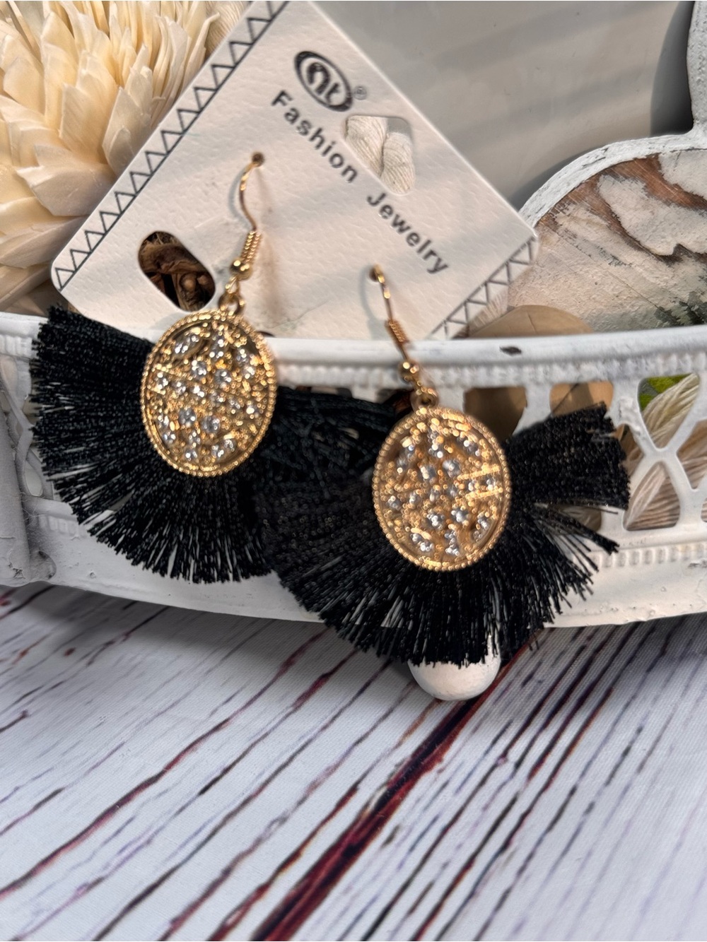 Black Tassel Rhinestone Statement Earrings Gold Tone Oval Fan Fringe Dangle